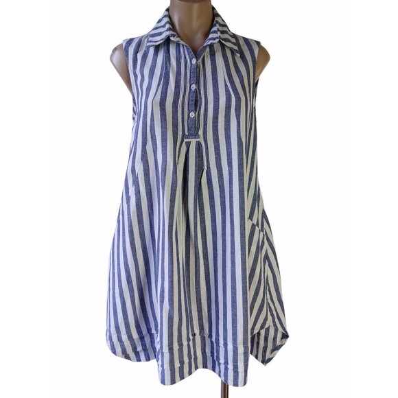Hope & Harlow Tops - Hope Harlow Sleeveless Blue White Striped Tunic Top Dress Size 6 Trapeze Linen B